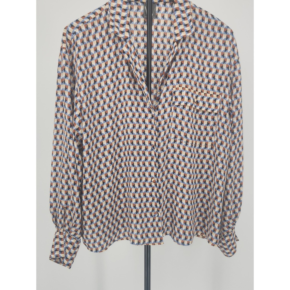 Worthington Womens XL Geometric Triangle Print Button Down Blouse Blue Tan Black - Picture 1 of 7